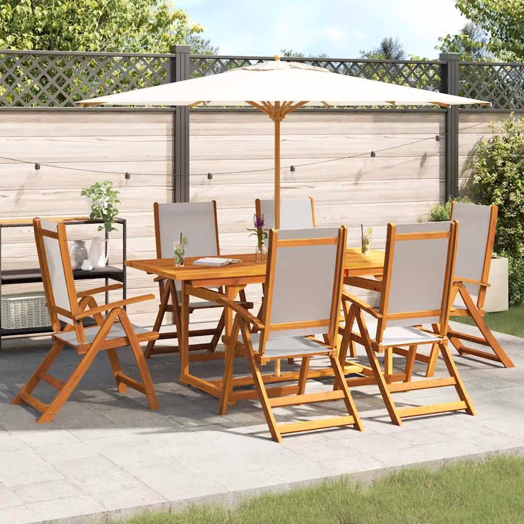 Set Pranzo da Giardino vidaXL in 7 Pezzi in Legno di Acacia Oliato e Textilene, Colore Marrone e Grigio, L/P/H: 120 x 75 x 80 cm – 1