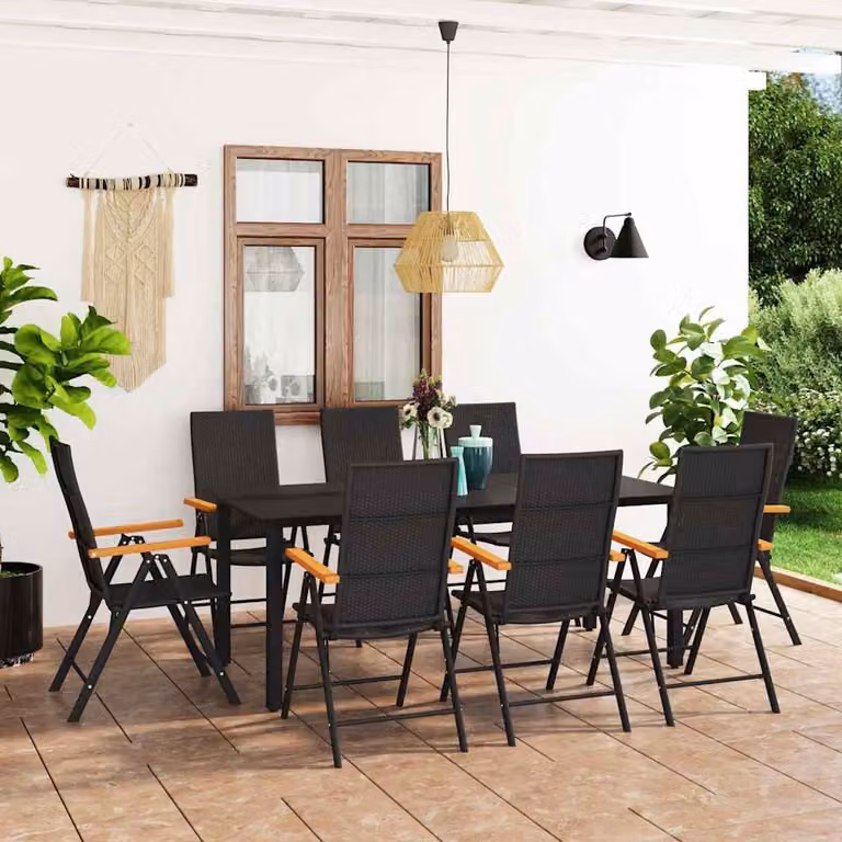 Set da pranzo da giardino vidaXL in rattan e alluminio nero e marrone con tavolo in vetro, 9 pezzi
