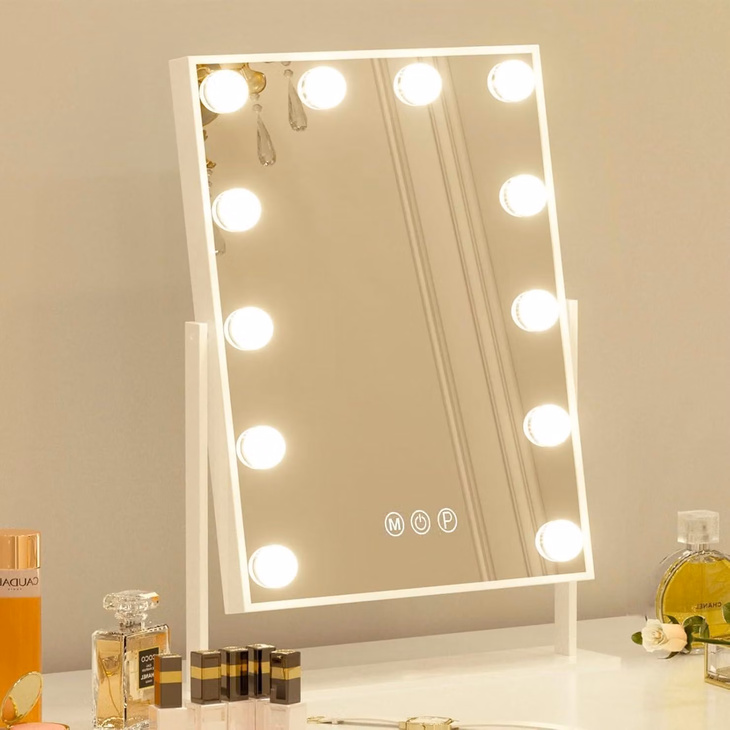 Specchio da trucco con illuminazione a LED, dimensioni 30x41 cm, 12 lampade, 3 colori, ingrandimento 10x