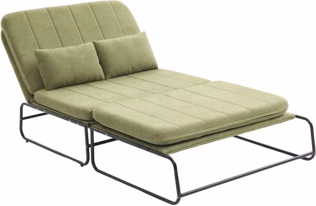 Sofa letto pieghevole 2 posti con struttura in metallo e tessuto chenille verde, con spazio portaoggetti laterale, ideale per ufficio e soggiorno