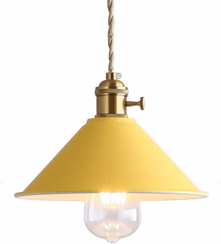 Lampada a sospensione da soffitto, stile vintage e retrò, in metallo, colore giallo, diametro 20,5 cm