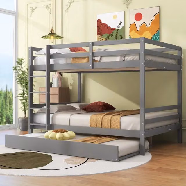 Letto a castello 140x200 cm con letto estraibile e scala in legno e MDF grigio