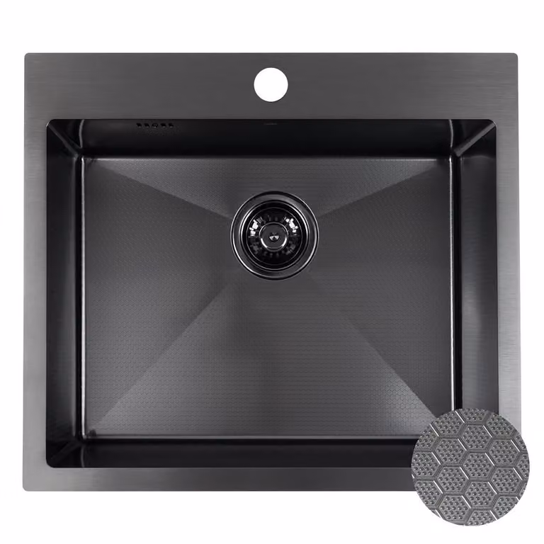 Lavello in acciaio inossidabile, 1 vasca, lunghezza 500 mm, profondità della vasca 580 mm, altezza 200 mm, finitura superficiale: effetto alveare, colore nero