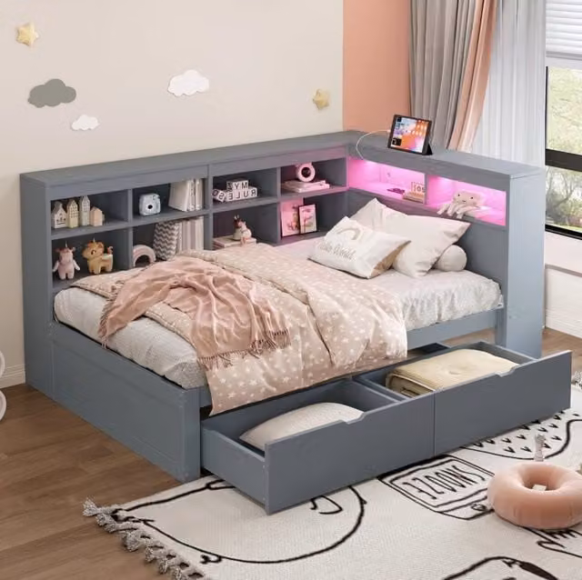 Letto singolo multifunzionale in legno massiccio 90x200 cm con spazio contenitivo, USB e illuminazione LED, colore grigio