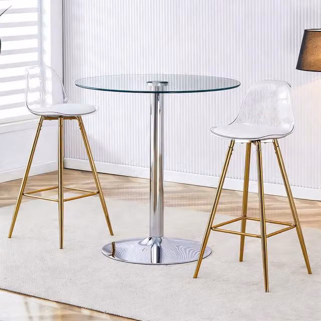 Set tavolo da bar con 2 sgabelli diametro 89 cm in vetro e metallo; oro; argento e trasparente