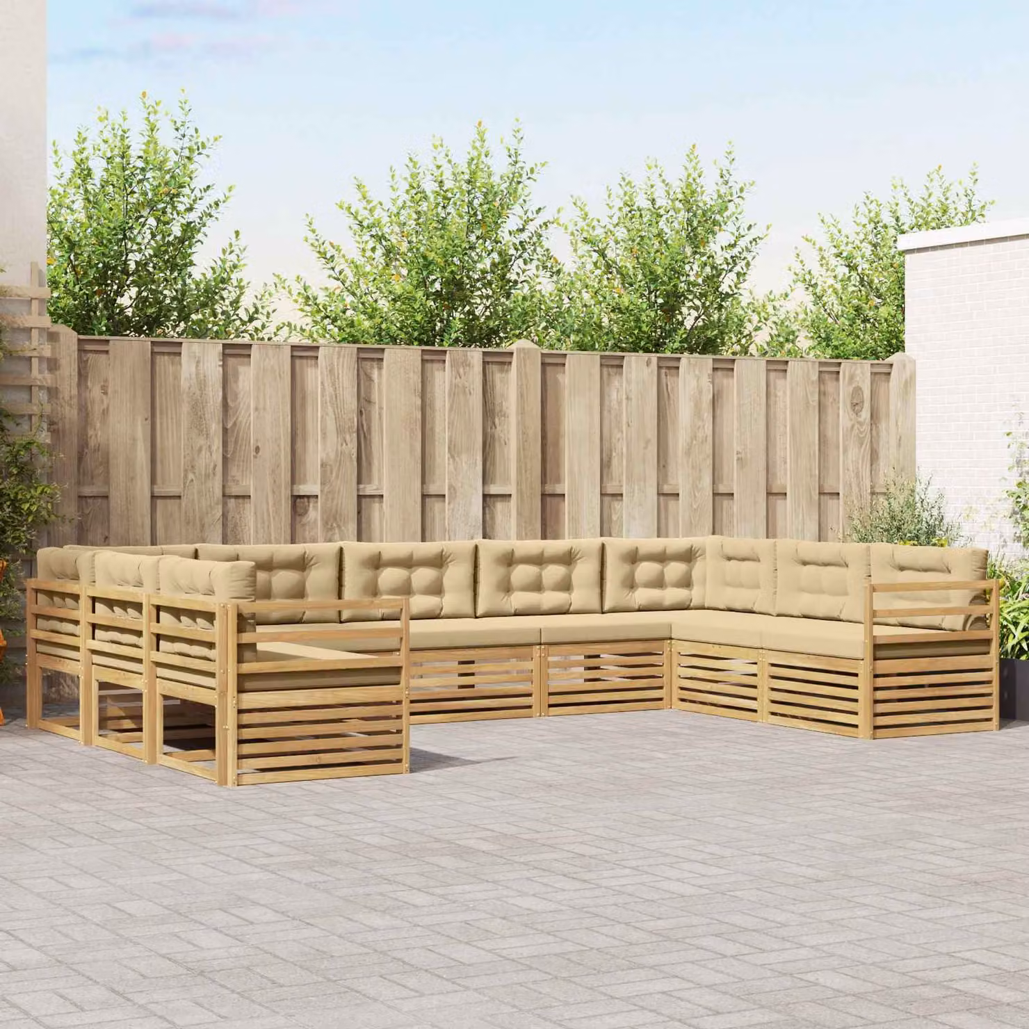 vidaXL Set di divani da esterno a L in legno di acacia con cuscini, Bianco e Beige