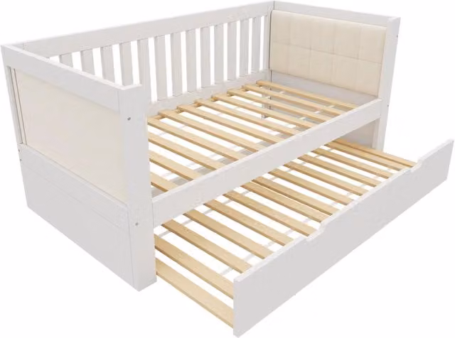 Letto giorno bianco in legno di pino 90x200 cm con letto estraibile 90x190 cm, design salvaspazio senza materasso