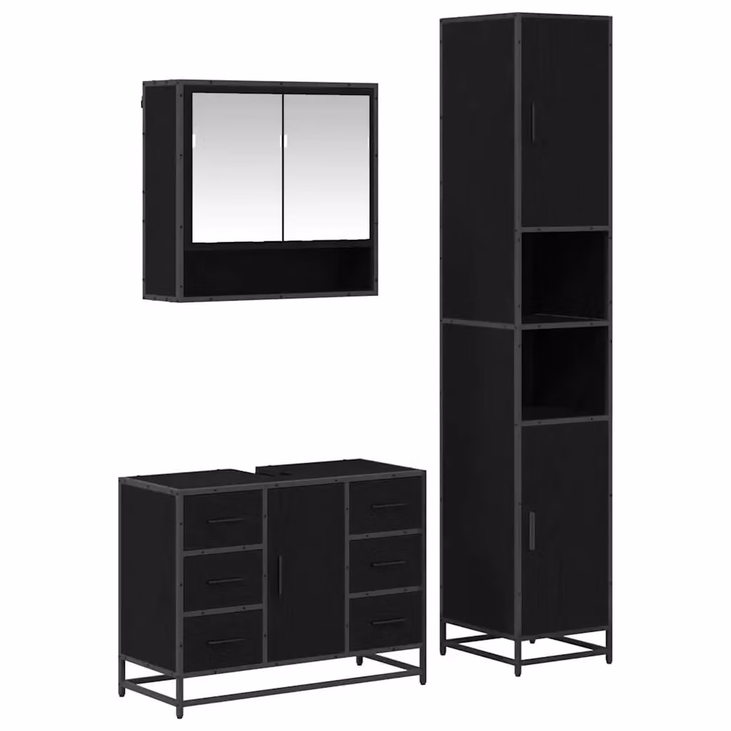 Set di mobili per il bagno moderno vidaXL in 3 pezzi, colore nero e rovere, con armadietto a specchio, mobile lavabo e colonna alta, L/P/H: 90 x 33 x 188,5 cm – 2