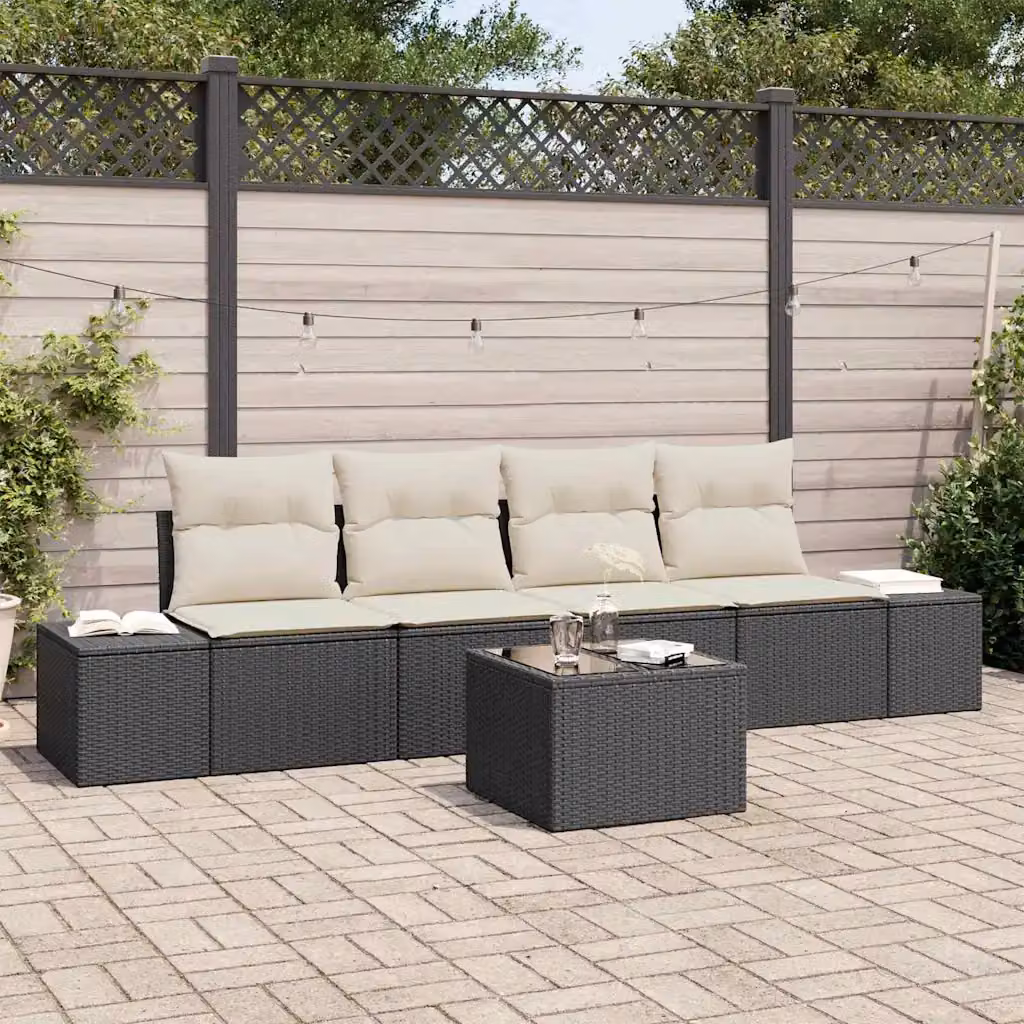 Set di divani da giardino vidaXL composto da 5 pezzi in rattan con cuscini, nero e beige – 1