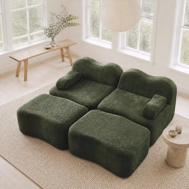 Divano modulare 192x167x70 cm in velluto verde con schiuma 32D e seduta profonda