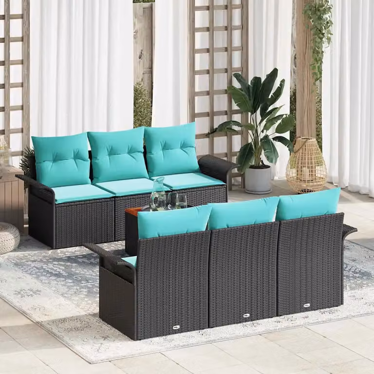 Set Divano da Giardino vidaXL 7 Pezzi con Tavolino, Design a L, Nero e Turchese