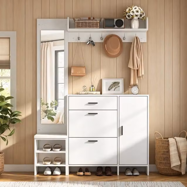 Mobile ingresso con scarpiera; panca; specchio e 6 ganci; MDF; 140x30x200 cm; bianco