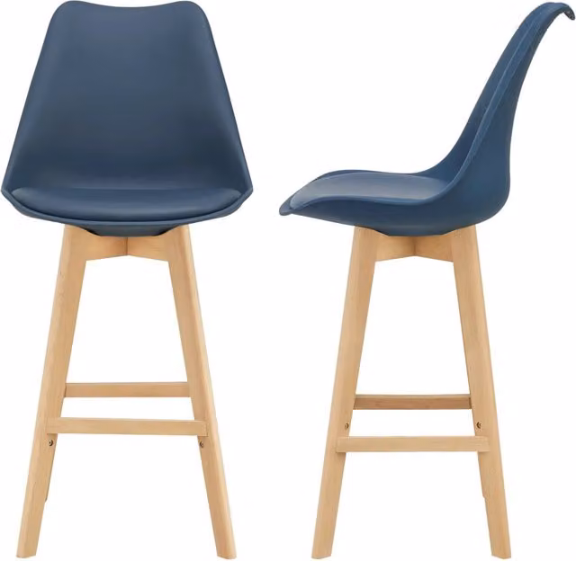 Set di 2 Sgabelli da Bar Lublin en.casa con Seduta Imbottita in Finta Pelle Blu e Gambe in Faggio – 1