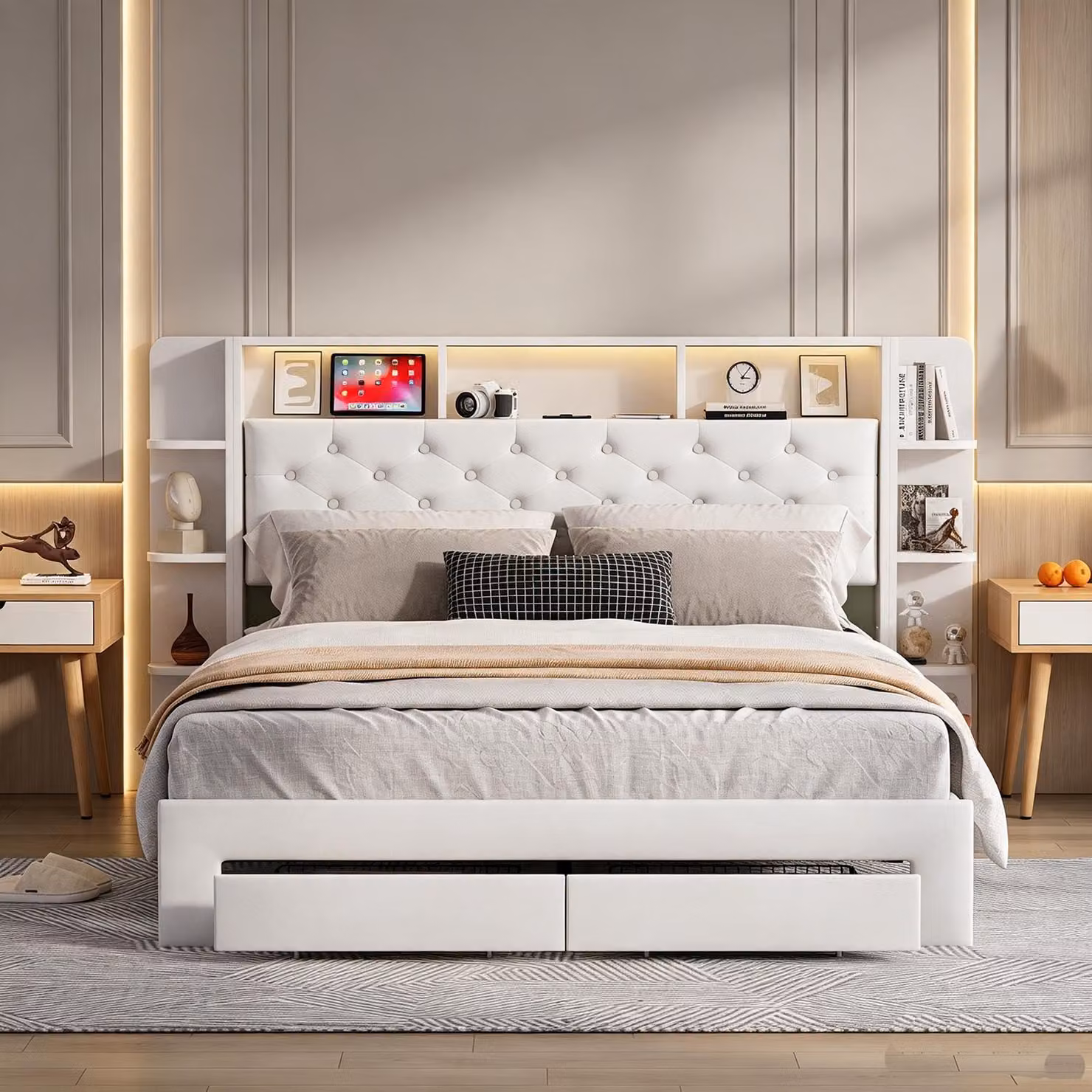 Letto matrimoniale con boxspring 160x200, dotato di luci LED e porte USB, con struttura imbottita e due cassetti, testiera con spazio contenitore, rivestito in flanella, colore beige.