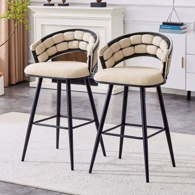 Set di 2 Sgabelli da Bar MINIMAL in Velluto Beige con Gambe in Metallo Nero