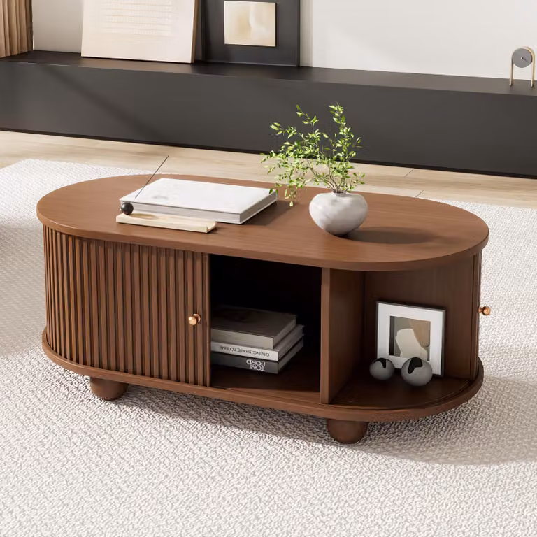 Sweiko 100 x 50 x 40 cm tavolino in noce con vano portaoggetti e ante scorrevoli mobile multifunzionale salvaspazio nei colori del legno, tavolino da divano con anta scorrevole a 360 gradi, tavolino con 4 gambe