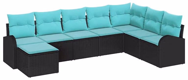 Set di divani da esterno, 8 pezzi, in rattan sintetico nero e turchese