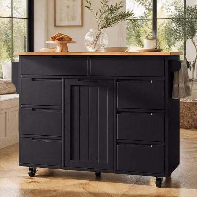 Isola cucina mobile in MDF nero con piano pieghevole e 8 cassetti
