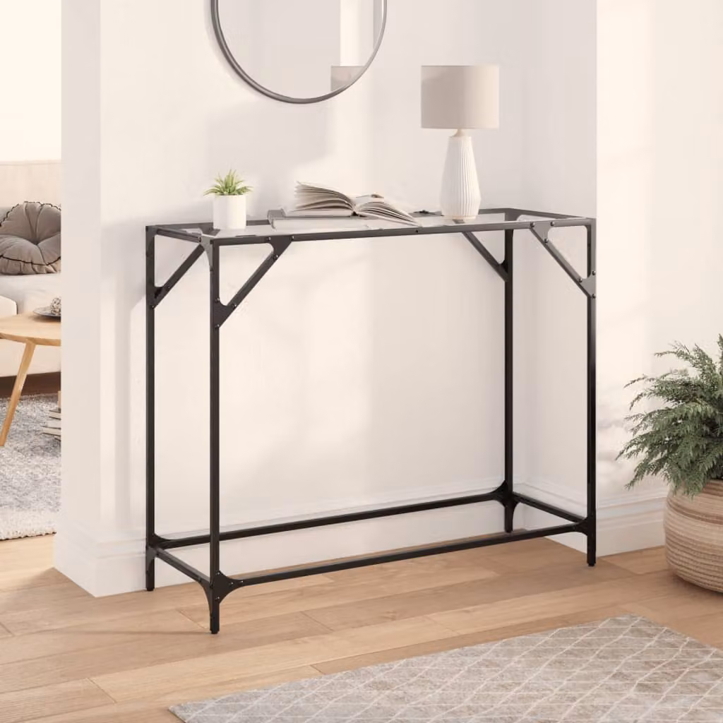 vidaXL Tavolino Consolle Moderno con Piano in Vetro Trasparente e Struttura in Metallo Nero L: 98 cm, P: 35 cm, H: 81 cm
