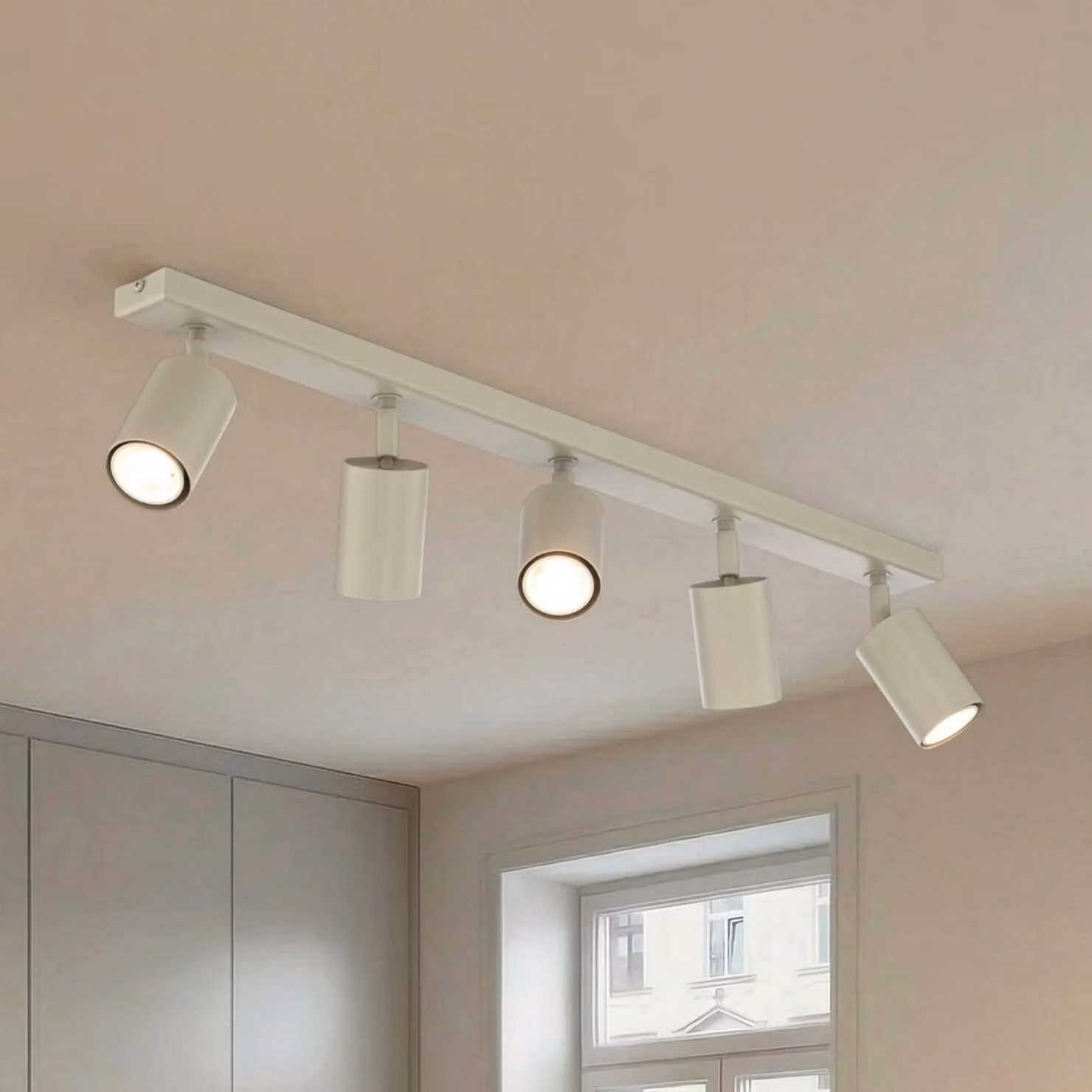 Faretto da soffitto Zoom, a 5 luci, grigio-beige, acciaio, GU10 Zoom SIGMA, dimmerabile, Crema / Ambra, Soggiorno / Sala da pranzo, Metallo, Moderno, Faretto