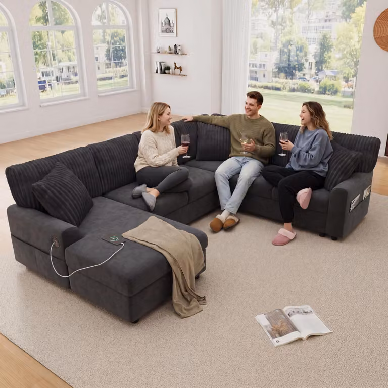 Divano angolare a forma di U, 6 posti, con chaise longue, tasche laterali, design moderno, porta USB Type-C, tessuto in chenille, colore grigio