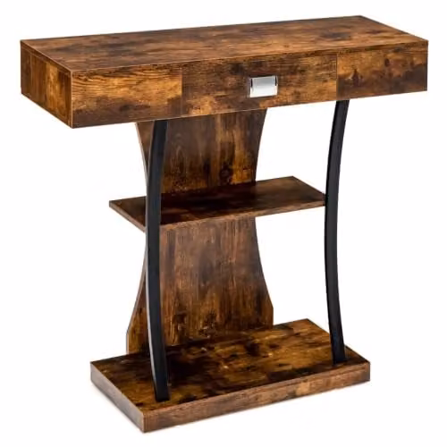 Helloshop26 Tavolo consolle 91 x 30 x 88 cm con cassetto e ripiano aperto, stile scandinavo in metallo, marrone rustico 20_0017576