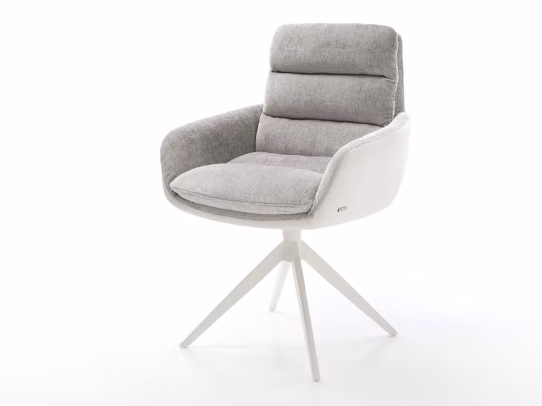 Sedia girevole DELIFE Abelia-Flex con braccioli Materiale misto Pelle vera Bianco-grigio argento Base a croce larga Bianca Girevole a 360° Funzione oscillante