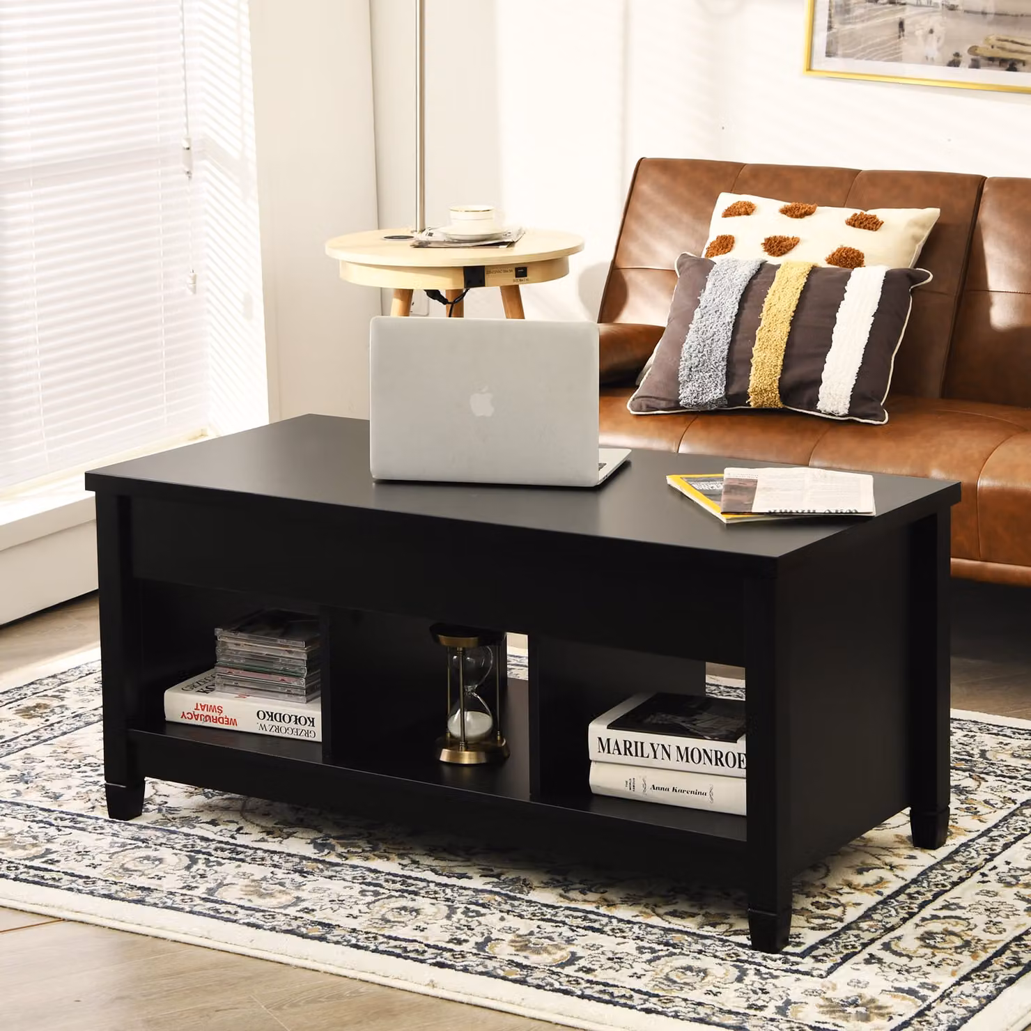 COSTWAY Tavolino da caffè regolabile in altezza Tavolo da divano con piano sollevabile Spazio di archiviazione e 3 ripiani aperti Tavolino da salotto Nero
