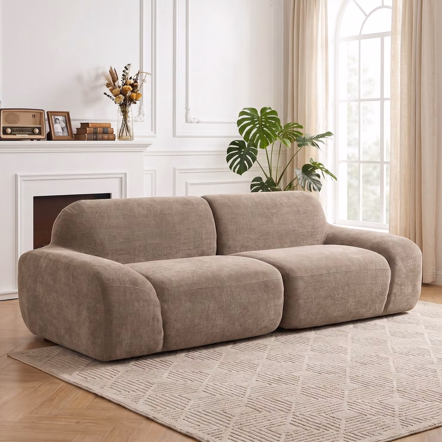 Divano 3 posti HOMCOM in chenille marrone chiaro con seduta ampia e molle insacchettate, Larghezza: 244 cm – 2