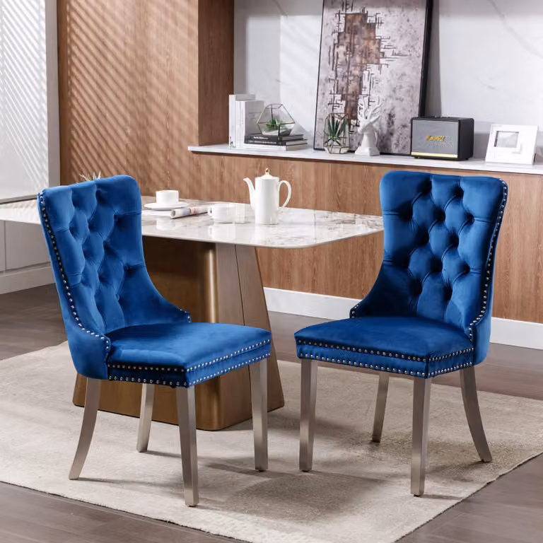 Sedia da pranzo, set da 2, legno massello, sedia da pranzo rivestita in velluto con gambe in acciaio inossidabile cromato, chiodi decorativi