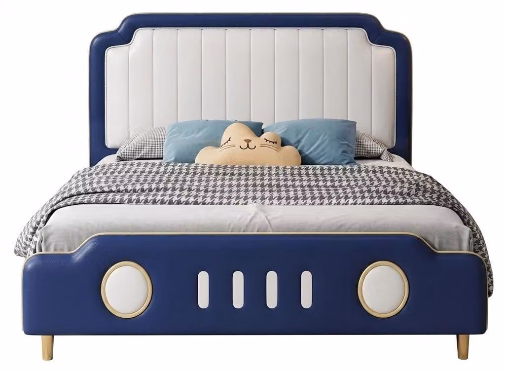 Letto per bambini blu, modellina di auto in pelle per ragazzi, mobili per bambini di qualità