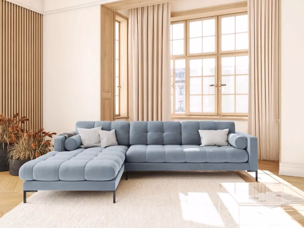 Divano angolare sinistro Bali Cosmopolitan Design in velluto azzurro da 5 posti per il tuo living room L: 293 cm, P: 105 cm, H: 75 cm – 2