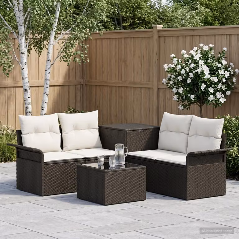 Set di divani da giardino vidaXL in polyrattan nero e bianco con cuscini e tavolino da esterno per 6 persone