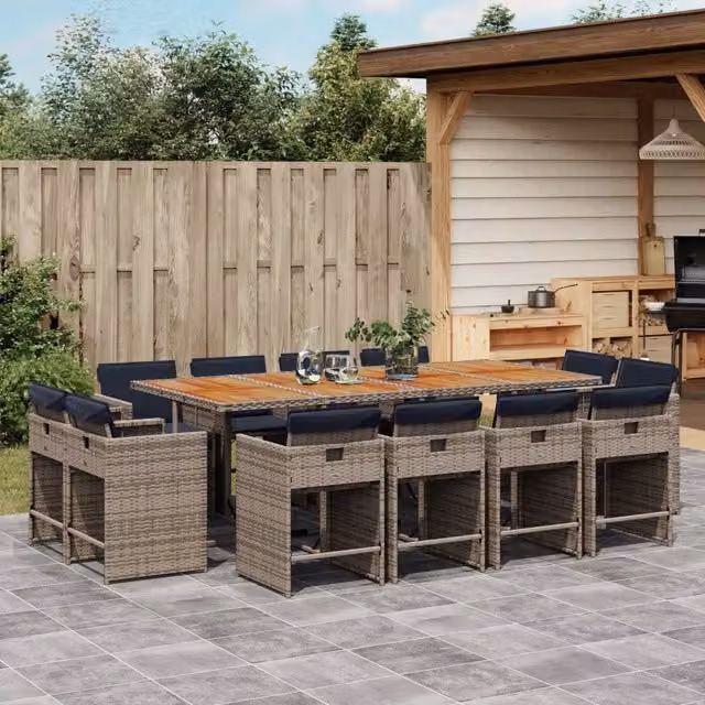 Set da pranzo da giardino vidaXL in polyrattan e legno di acacia con 13 pezzi e cuscini, tavolo rettangolare estensibile grigio