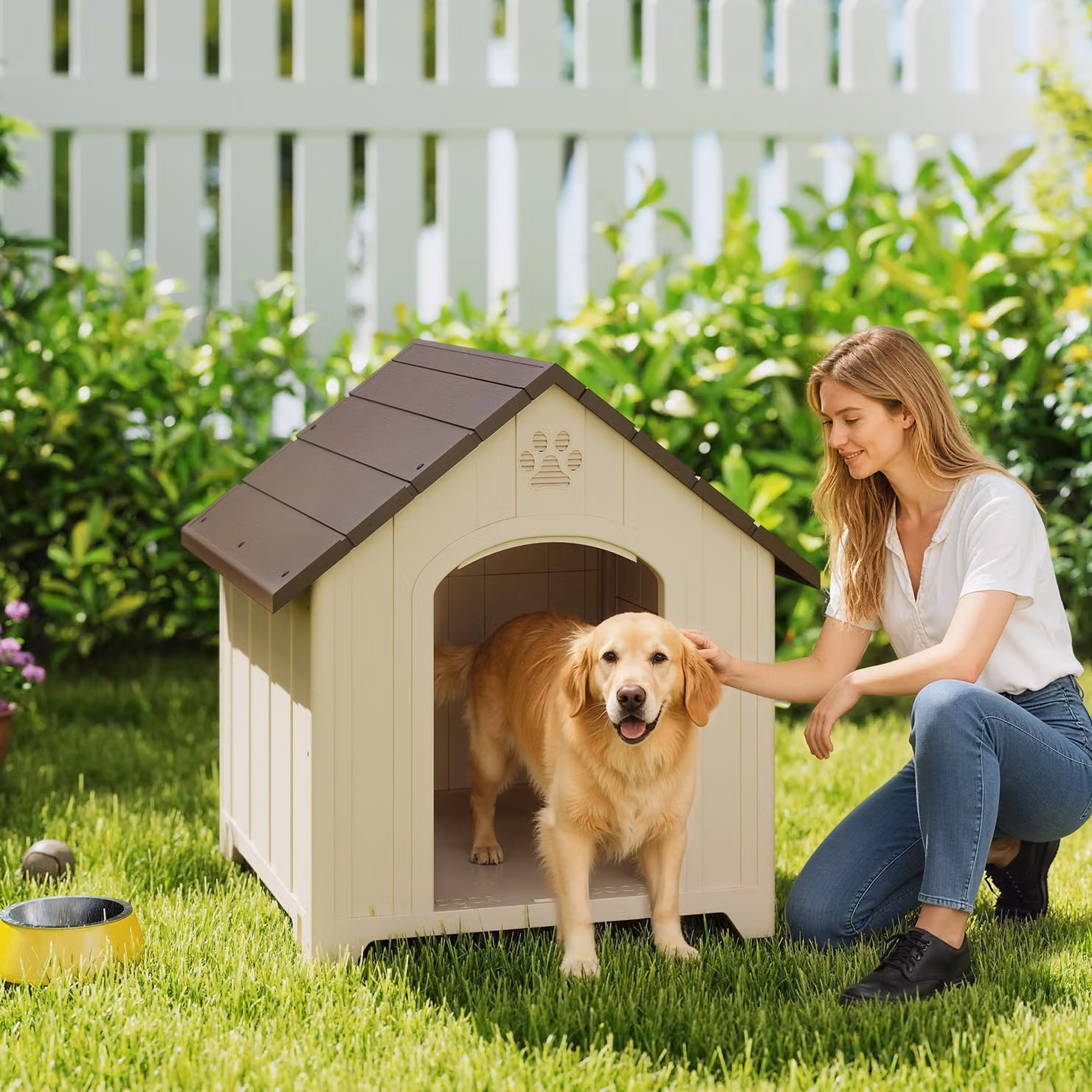 Cuccia per cani rialzata PawHut con tetto inclinato e prese d'aria in plastica, Beige e Marrone Scuro, L: 78 cm, P: 88 cm, H: 89 cm – 2