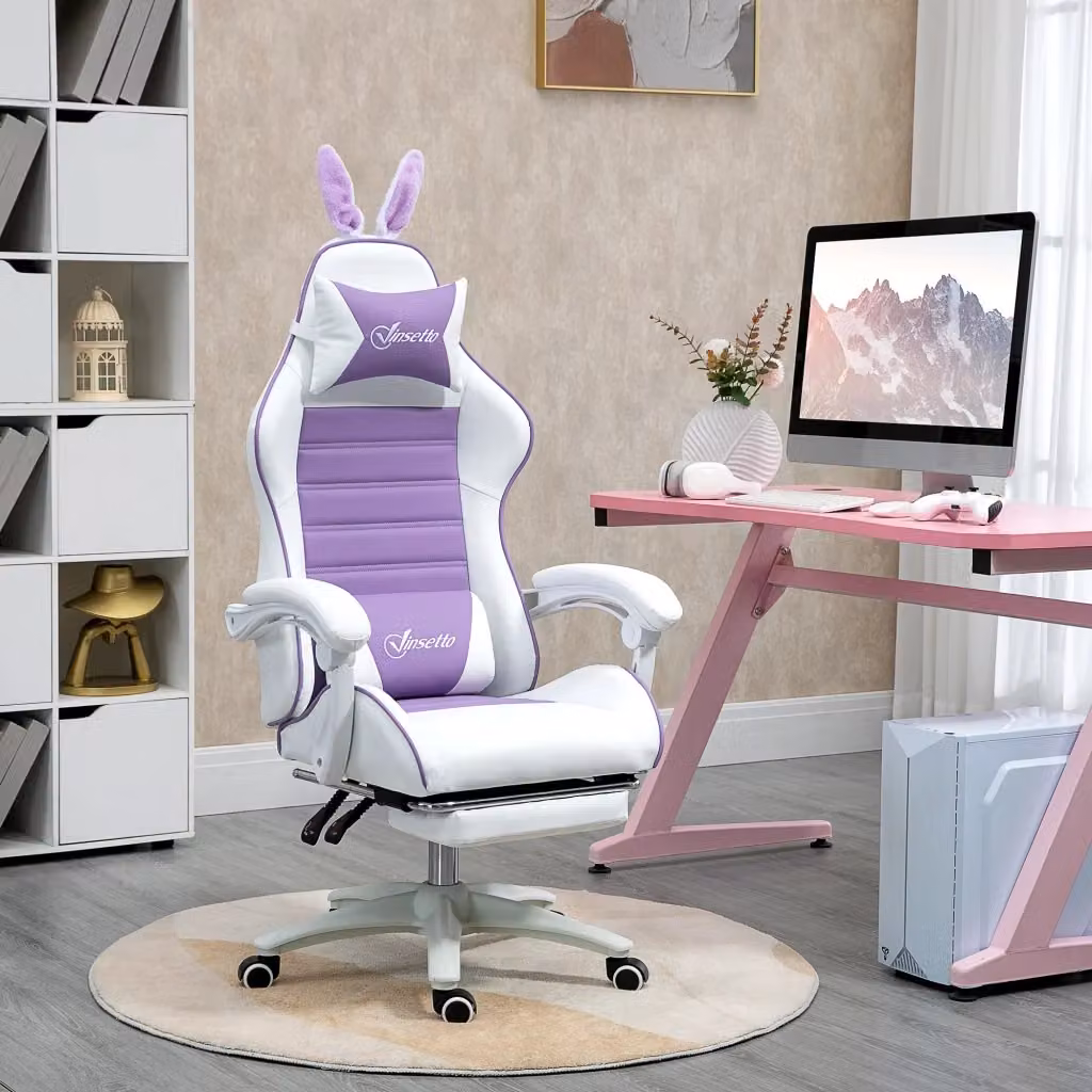 Sedia da Gaming GIORDANOSHOP con Orecchie da Coniglio e Poggiapiedi, Pelle PU Viola, L: 65 cm, P: 63 cm, H: 136-142 cm – 2