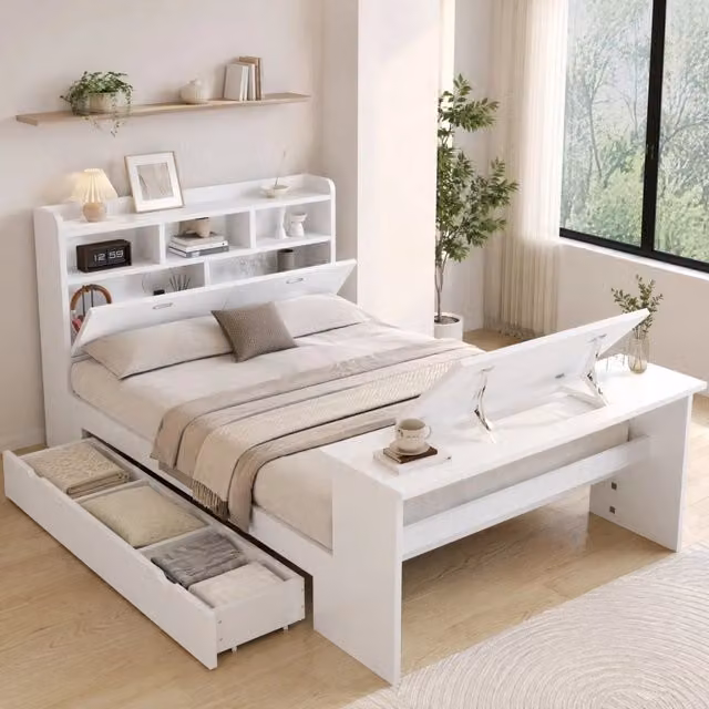 Letto con cassetto e tavolo pieghevole regolabile; 140x200 cm; bianco