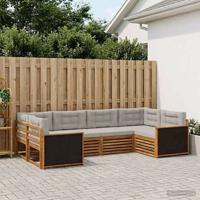 Set di divani da esterno vidaXL 6 pz in legno di acacia con cuscini, forma a L, beige e grigio
