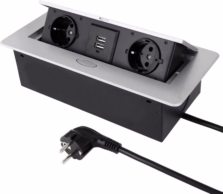 Presa di corrente da incasso retrattile in alluminio a 2 pieghe + USB - argento