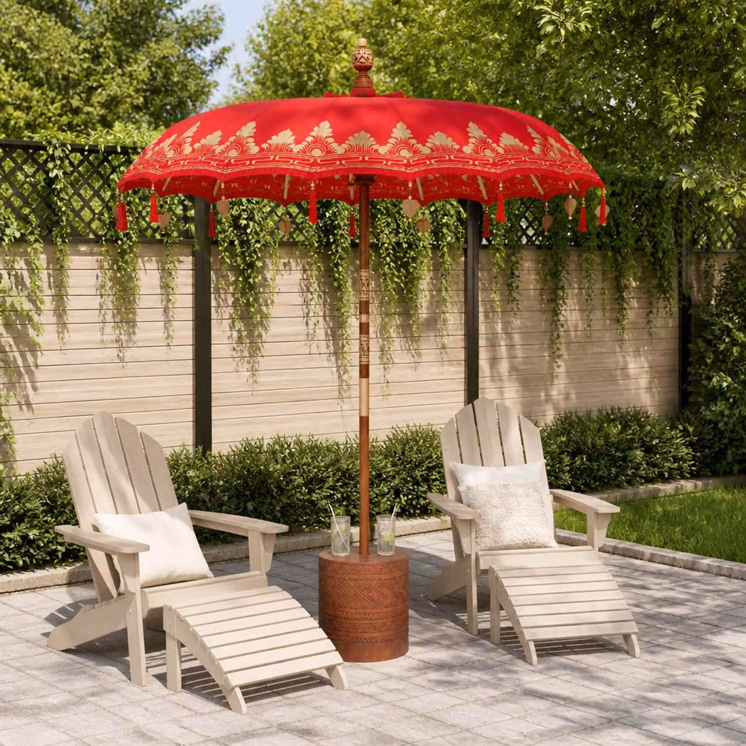 Ombrello balinese con base vidaXL, Rosso e Marrone, L: 190 cm, P: 190 cm, H: 295 cm