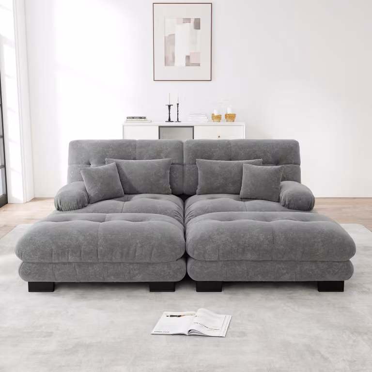 Divano angolare Sweiko Cloud per soggiorno, divano doppio in ciniglia con 2 cuscini lombari e 2 cuscini decorativi, divano imbottito con ampi braccioli e 2 pouf, grigio ciniglia