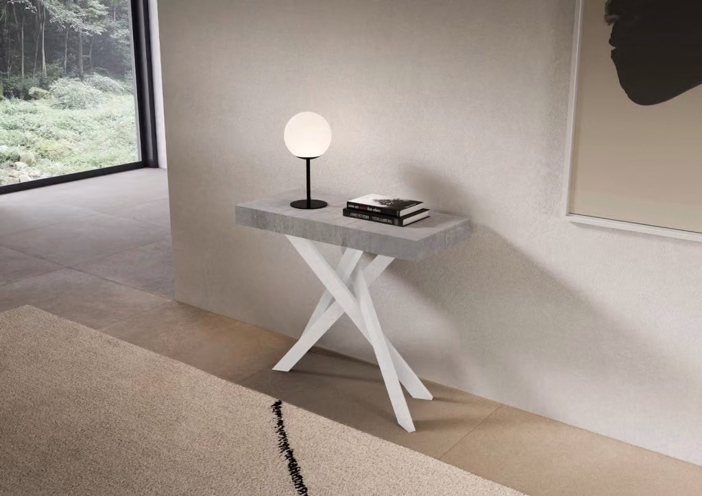 Consolle Allungabile Saki Premium GIORDANOSHOP con Finitura Cemento e Gambe Bianche L/P/H: 90-300 x 40 x 77 cm – 2