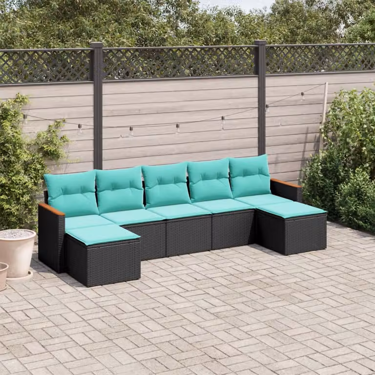 Set di divani da giardino vidaXL 7 pezzi in rattan con cuscini, design moderno a L con struttura in metallo nero e sedute imbottite resistenti ai raggi UV