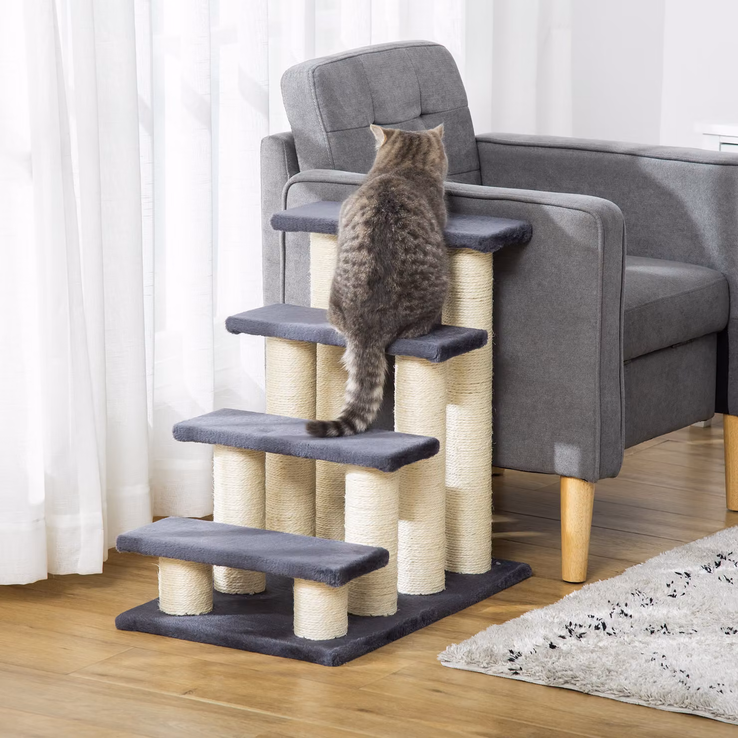 Scaletta PawHut per cani e gatti a 4 gradini in peluche con pali in sisal sostituibili, grigio – 2