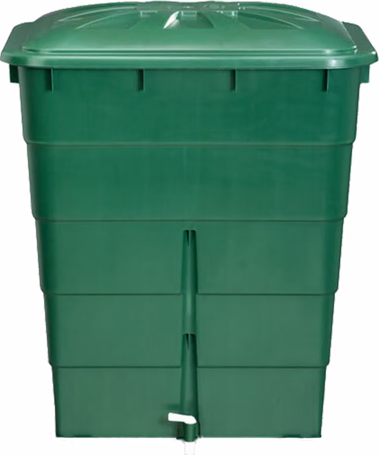 Barile rettangolare per pioggia 300L verde. con coperchio e rubinetto