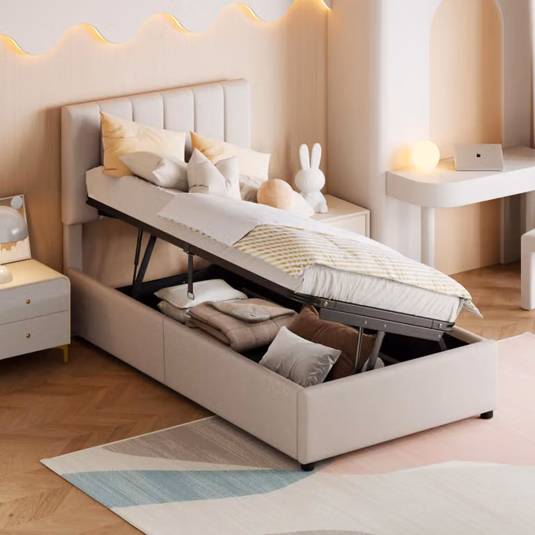 Letto imbottito 90x200 cm, letto per bambini/ragazzi con spazio contenitore, cassone letto con sistema idraulico, poggiatesta regolabile, rete a doghe, letto singolo, colore beige, senza materasso