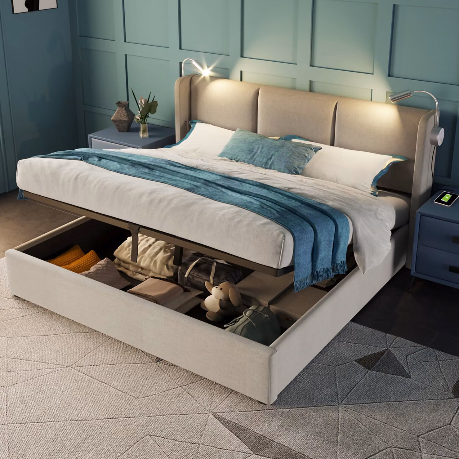 Letto imbottito Flieks 140x200cm con rete a doghe, letto a molle con luce di lettura e funzione di carico, letto matrimoniale contenitore letto funzionale, biancheria, beige