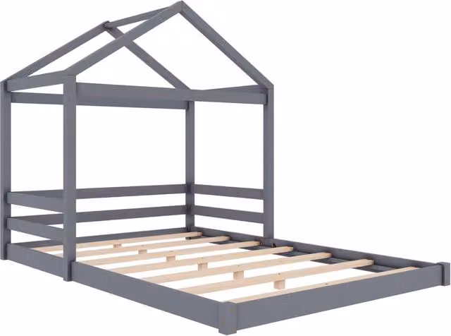 Letto a forma di casa per bambini 140x200 cm in legno di pino con rete a doghe, stile minimalista grigio