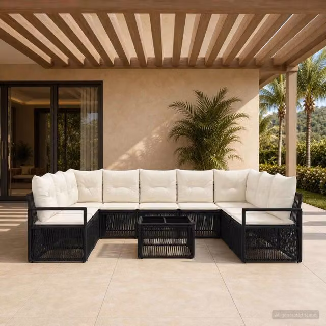 Set Divano da Giardino a Forma di U vidaXL Nero con Tavolino e Cuscini in Polyrattan e Metallo