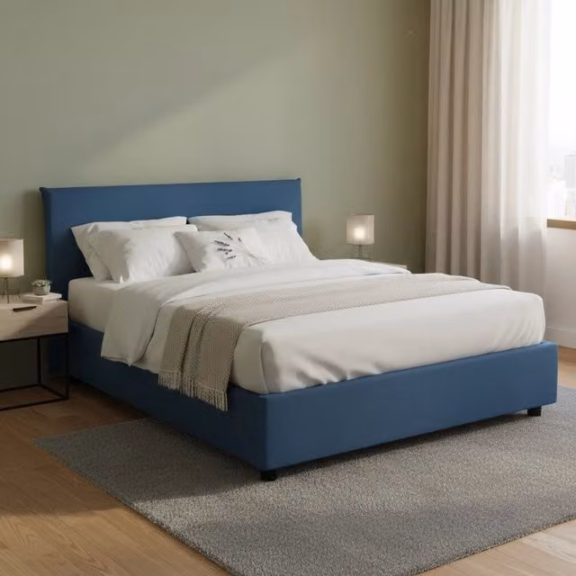 Letto matrimoniale contenitore Ashlee Talamo Italia con rivestimento in tessuto blu, adatto per materasso 160x200 cm